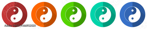 Ying yang icon set, red, blue, green and orange flat design web buttons isolated on white background, vector illustration