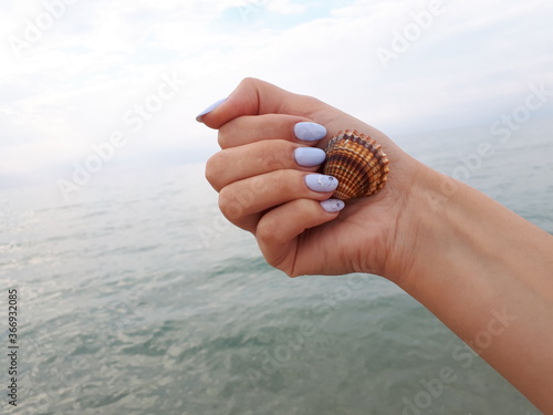 Female hands with purple nails on the background of the sea © Oleg