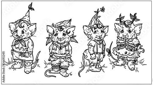 Magic cartoon characters, four cute fairytale little mice in different clothes, hats and different poses, plump, with large heads and short legs in shoes, pointed ears, long tails and vegetation. Set.