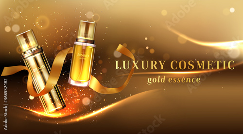 Luxury cosmetic products with golden glitter and ribbon. Vector realistic brand poster with skincare gel, cream, perfume or makeup cosmetics in glass bottles. Promo banner, advertising background