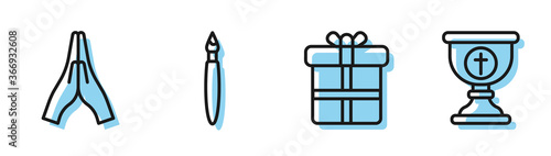 Set line Gift box, Hands in praying position, Paint brush and Christian chalice icon. Vector illustration
