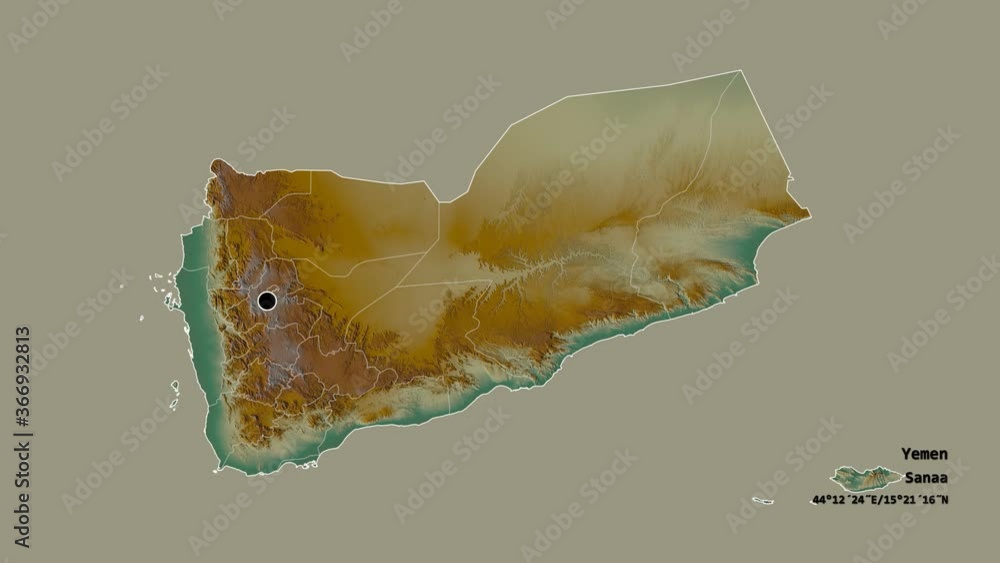 Sana'a, city of Yemen, with its capital, localized, outlined and zoomed with informative overlays on a relief map in the Stereographic projection. Animation 3D Sana'a, city of Yemen, with its capital, localized, outlined and zoomed with informative overlays on a relief map in the Stereographic projection. Animation 3D