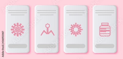 Set line Virus, Bacteria bacteriophage, and Medicine bottle and pills. White rectangle button. Vector.