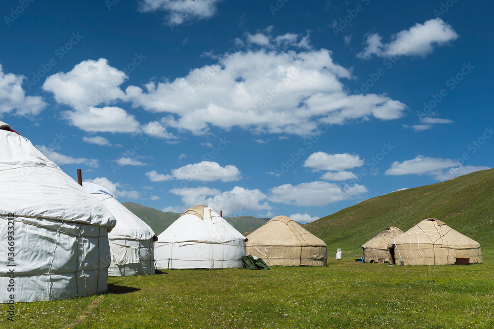 Nomad yurts, Road to Song Kol Lake, Naryn province, Kyrgyzstan, Central Asia