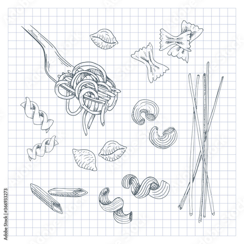 Hand drawn pasta set. Sketched pasta collection, on checkered background Vintage vector illustration