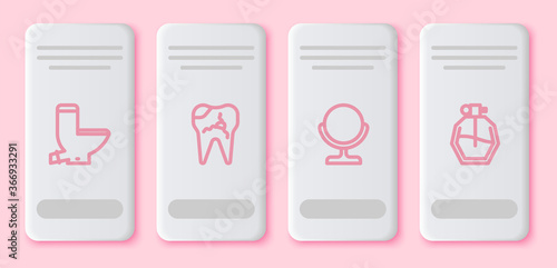Set line Toilet bowl, Broken tooth, Round makeup mirror and Perfume. White rectangle button. Vector.