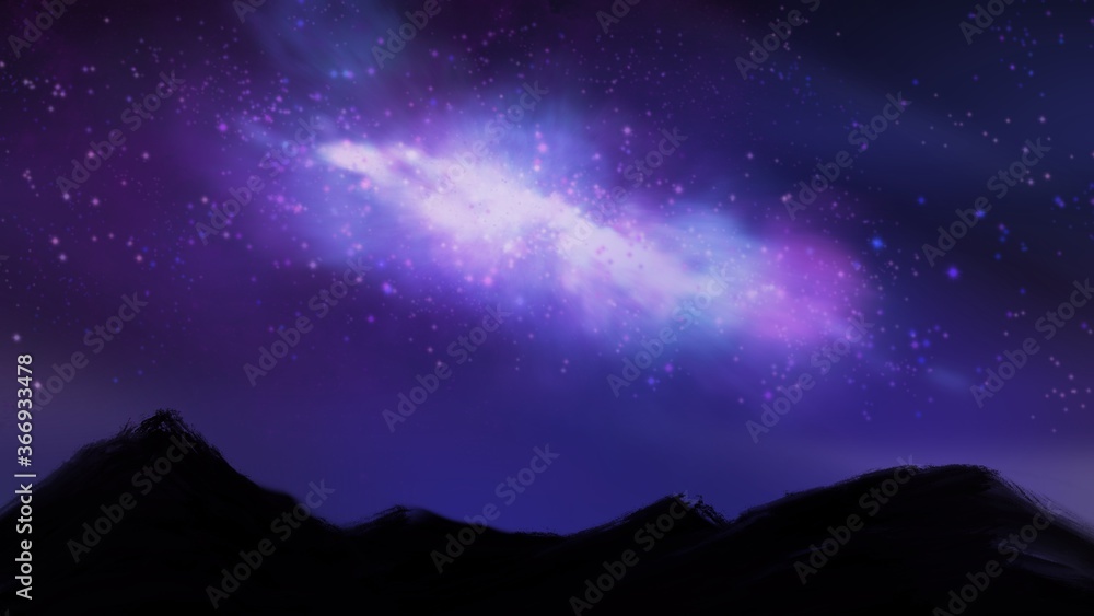 Landscape painting, Nighttime mountain with colorful milky way.