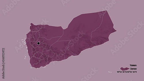 Ta`izz, governorate of Yemen, with its capital, localized, outlined and zoomed with informative overlays on a administrative map in the Stereographic projection. Animation 3D photo