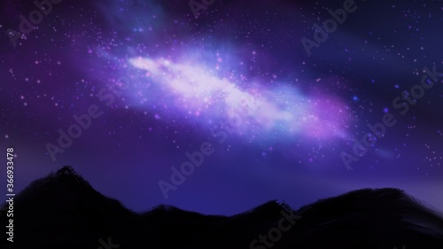 Landscape painting, Nighttime mountain with colorful milky way.