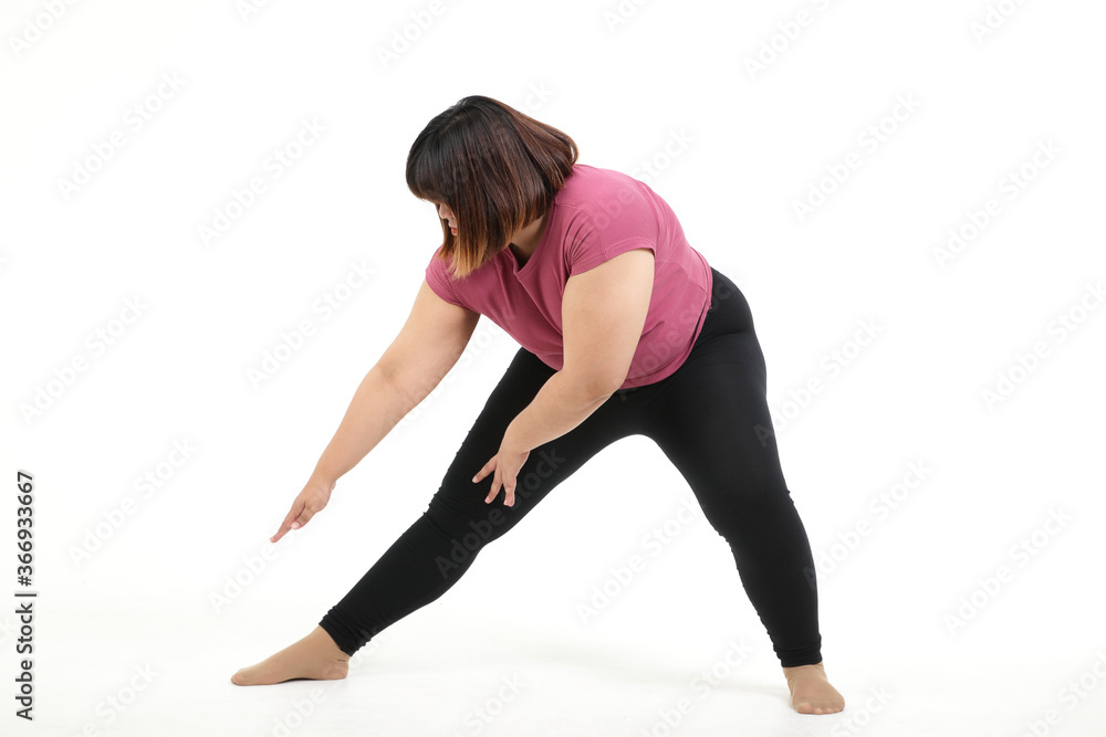 Fat Asian women exercise stretching muscles. In order to want to lose weight. The concept of health care to be healthy and disease free. White background Fat Asian women exercise stretching muscles. In order to want to lose weight. The concept of health care to be healthy and disease free. White background