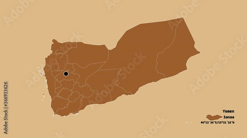 Ta`izz, governorate of Yemen, with its capital, localized, outlined and zoomed with informative overlays on a solid patterned map in the Stereographic projection. Animation 3D photo