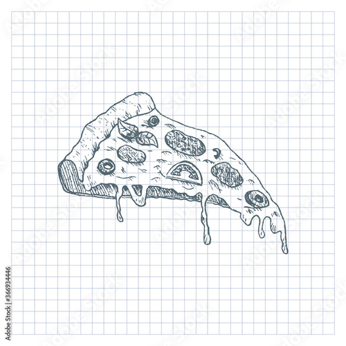 Pizza sketch. Hand drawing slice of pizza, vector illustration.