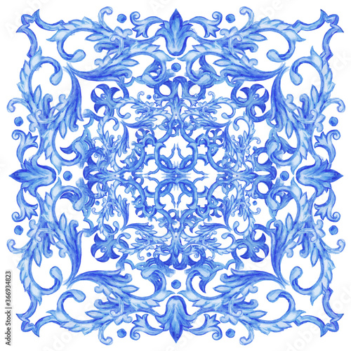 Azulejos - Portuguese tiles blue watercolor pattern. Traditional tribal ornament. Capri Maiolica