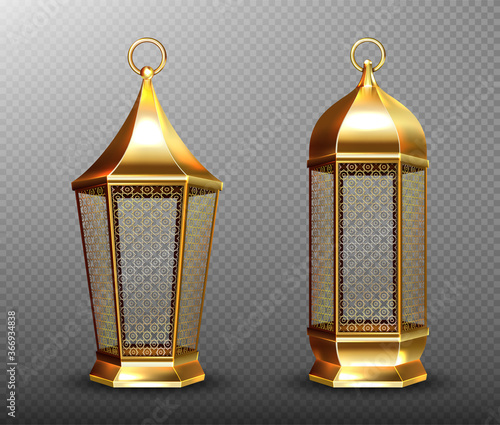 Arabic lamps, gold lanterns with arab ornament, ring, place for candle. Accessories for islamic ramadan holiday. Realistic 3d vector vintage luminous shining lights isolated on transparent background