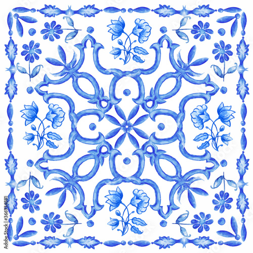 Azulejos - Portuguese tiles blue watercolor pattern. Traditional tribal ornament. Capri Maiolica