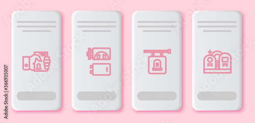 Set line Death certificate in hand, Crematorium, Signboard tombstone and Grave with. White rectangle button. Vector.