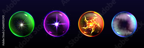 Magic spheres, crystal balls of different colors with sparkles, glow, plasma and mystical fog inside, energy orbs, fantasy globes for witchcraft isolated on black background, Realistic 3d vector icons