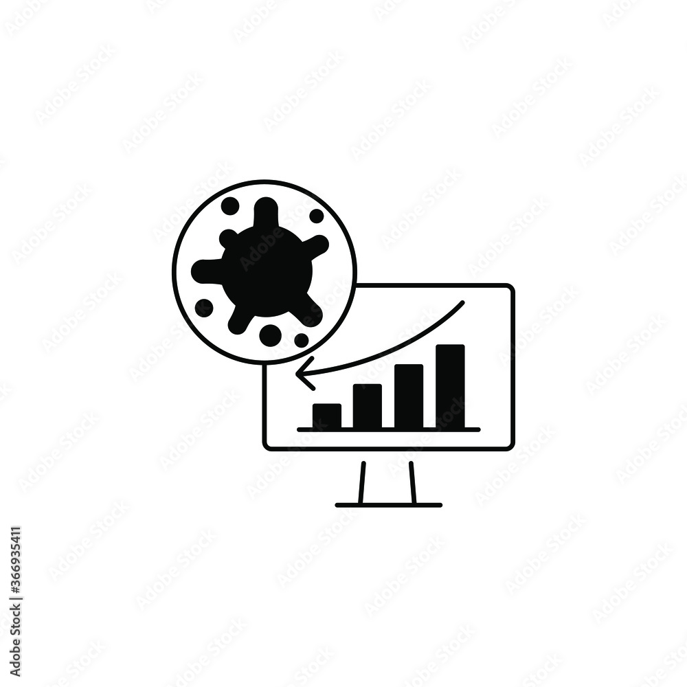 Virus, bacteria and schedule, chart, graph on monitor (board) icon, symbol, sign. coronavirus, COVID-19 icon, logo black on white background. 2019-ncov simple Virus, bacteria and schedule, chart, graph on monitor (board) icon, symbol, sign. coronavirus, COVID-19 icon, logo black on white background. 2019-ncov simple