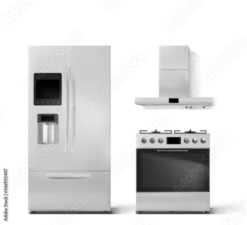 Smart fridge, gas oven and hood kitchen appliances. Two-chambered refrigerator with wifi, digital display and dispenser for water, stove front view isolated on white background realistic 3d vector set