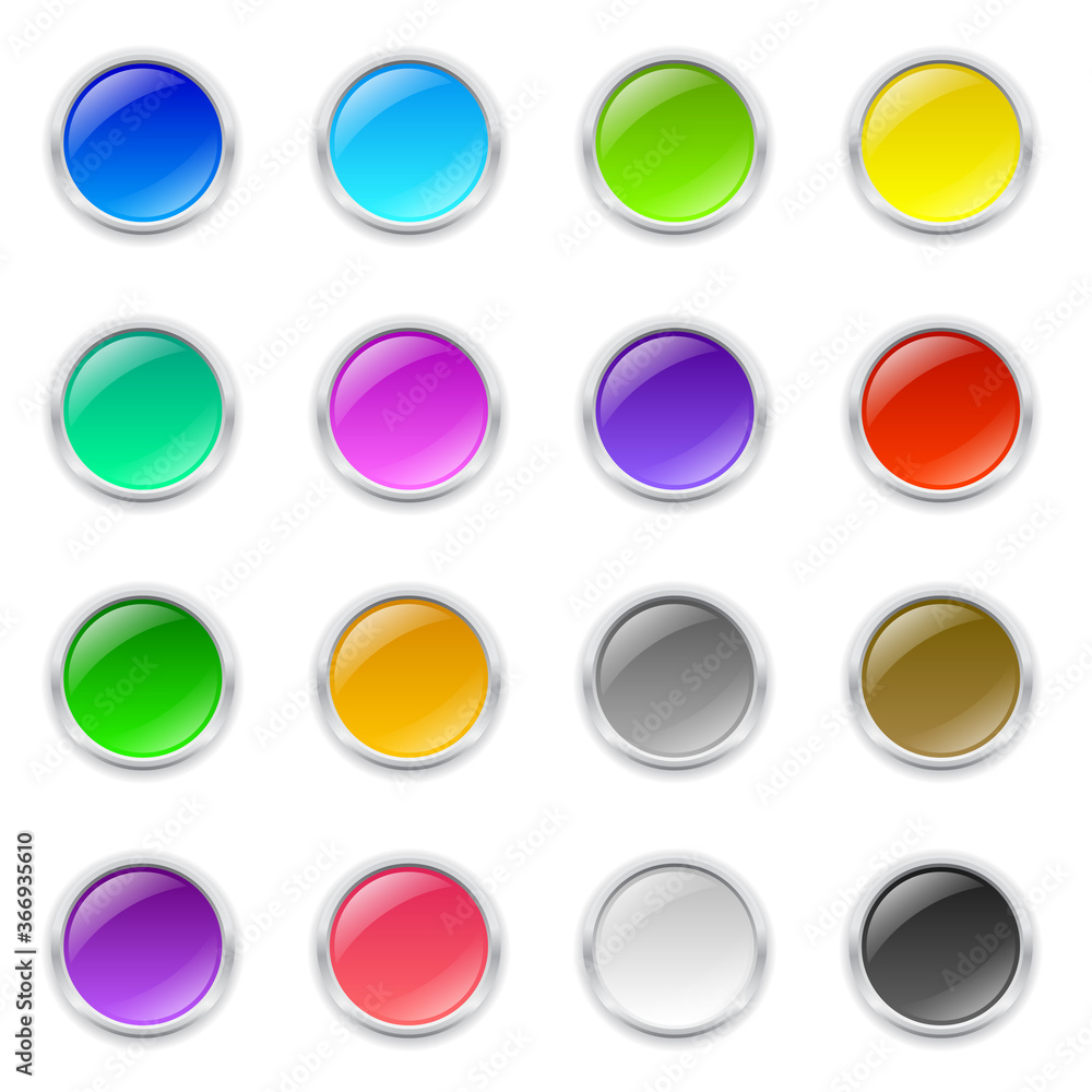 Set of 3d colored round buttons with metal frame and shadow Set of 3d colored round buttons with metal frame and shadow