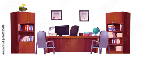 Principals office in school for meeting and talking with teachers, pupils and parents. Vector cartoon set of furniture, table, chairs and bookcase for cabinet of guidance, counselor or headmaster