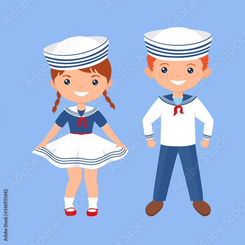 Cute chibi characters boy and girl in sailor suits. Professions for kids. Flat cartoon style