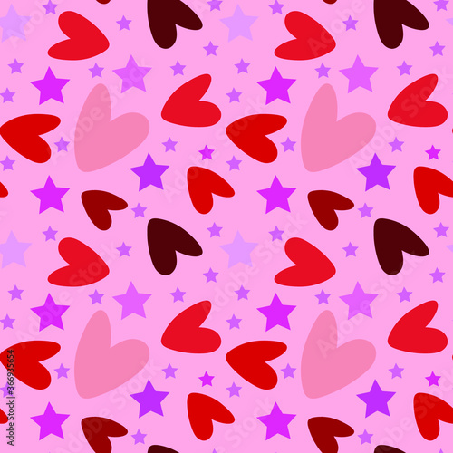 Hearts and stars on a pink background, seamless pattern, texture for design, vector illustration