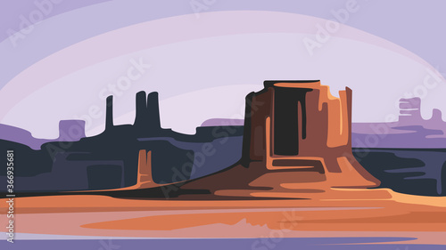 Beautiful canyon with red mountains. Nature scenery in cartoon style.