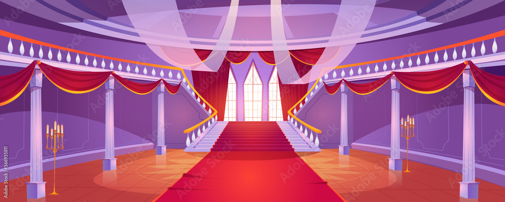 Hall interior with staircase in medieval royal castle. Vector cartoon illustration of empty hallway in baroque palace with stairs, balustrade, columns, tall windows, red curtains and carpet - obrazy, fototapety, plakaty 