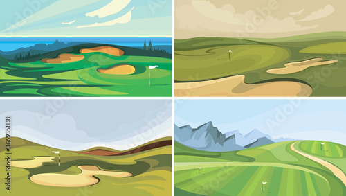 Set of golf courses. Sport fields in cartoon style.