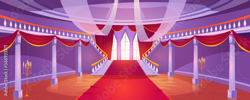 Hall interior with staircase in medieval royal castle. Vector cartoon illustration of empty hallway in baroque palace with stairs, balustrade, columns, tall windows, red curtains and carpet