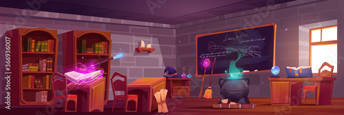 Magic school, classroom interior with wooden desks for pupils and teacher, blackboard with chalk writings. Cauldron with potion, witch hat, spell book, wizard wand, broom. Cartoon vector illustration