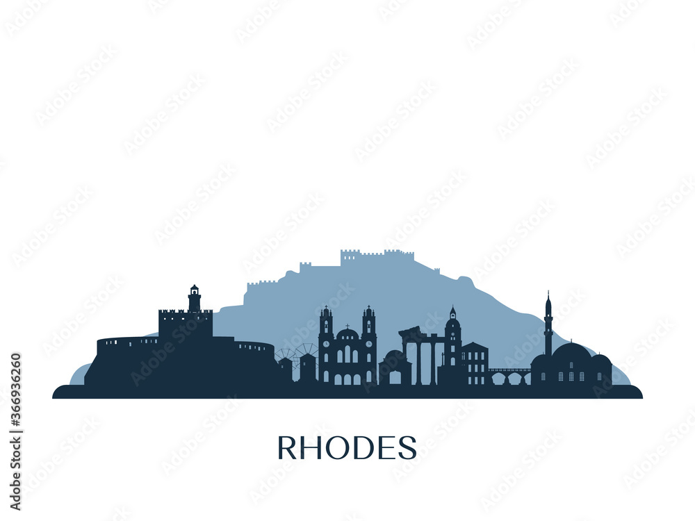Rhodes skyline, monochrome silhouette. Vector illustration.