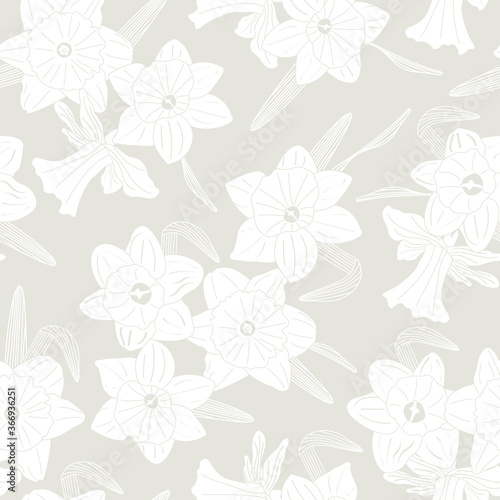 Vector Daffodil Flower Silhouettes in White Scattered on Beige Background Seamless Repeat Pattern. Background for textiles  cards  manufacturing  wallpapers  print  gift wrap and scrapbooking.