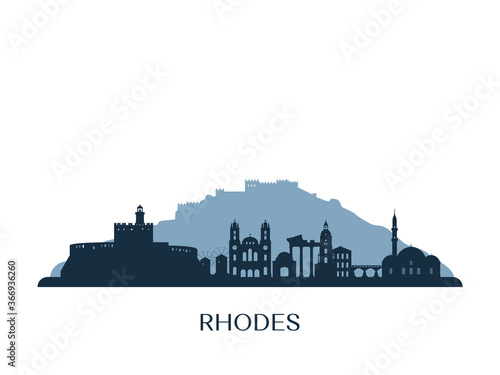 Rhodes skyline, monochrome silhouette. Vector illustration.