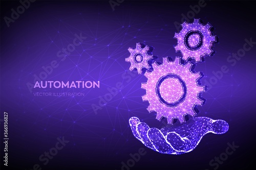 Gears. Mechanical technology machine engineering symbol in hand. Abstract wireframe low polygonal 3D gears. RPA. Industry development, engine work, business solution concept. Vector illustration.
