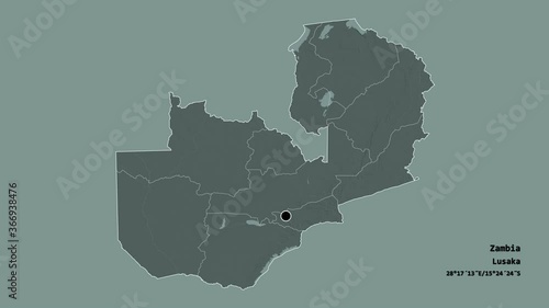 Southern, province of Zambia, with its capital, localized, outlined and zoomed with informative overlays on a administrative map in the Stereographic projection. Animation 3D photo