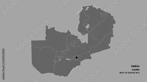 Southern, province of Zambia, with its capital, localized, outlined and zoomed with informative overlays on a bilevel map in the Stereographic projection. Animation 3D photo