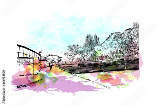 Building view with landmark of A Coruna is a port city on a promontory in the Galicia region of northwest Spain. Watercolor splash with Hand drawn sketch illustration in vector.