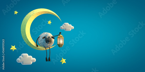 Canvas Print 3d illustration cute cartoon sheep with lamp on the moon on blue background