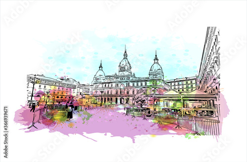 Building view with landmark of A Coruna is a port city on a promontory in the Galicia region of northwest Spain. Watercolor splash with Hand drawn sketch illustration in vector.