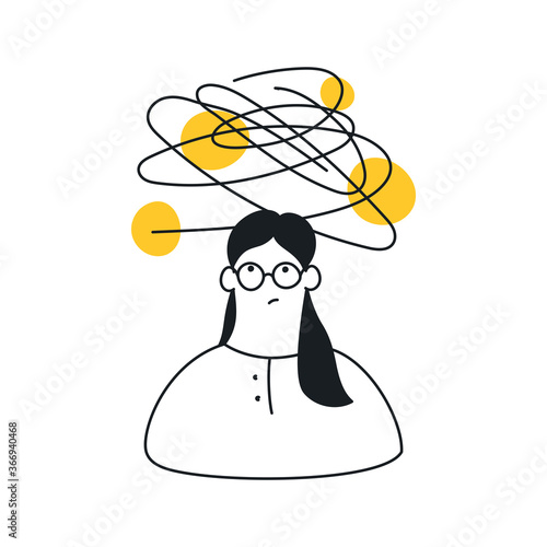 Cute cartoon girl with bad thoughts, problems, depression, entanglement, and anxiety. Emotional problems. Mental health. Flat clean line vector icon illustration on white.