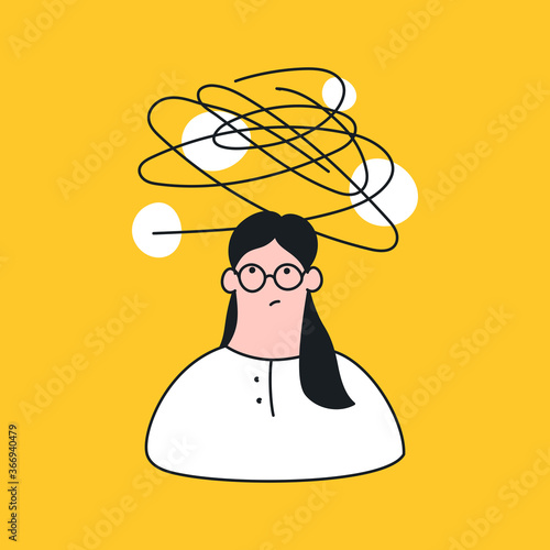Cute cartoon girl with bad thoughts, problems, depression, entanglement, and anxiety. Emotional problems. Mental health. Flat line vector icon illustration on yellow.