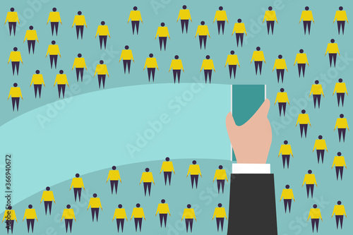 Conceptual illustration of a hand holding a duster cleaning the frame filled with people