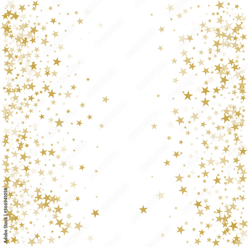 Gold stars background, sparkling christmas lights confetti falling isolated on white. magic shining Flying stars glitter cosmic backdrop, sparkle vector border