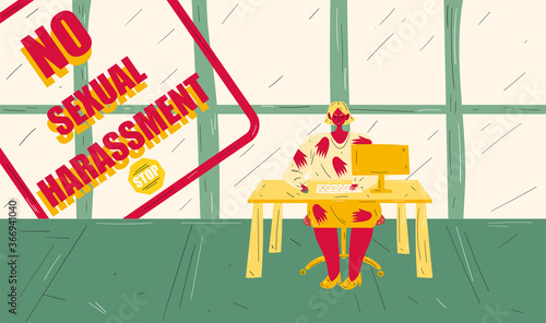Stop sexual harassment concept. A woman is sitting in an office at a table with a computer upset at work. Illustration of social problems of women workers or businesswoman. Flat design vector.