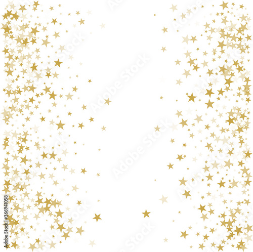 Gold stars background, sparkling christmas lights confetti falling isolated on white. magic shining Flying stars glitter cosmic backdrop, sparkle vector border © Good Goods