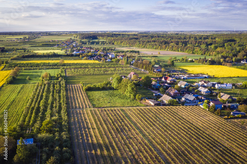 Drone view of fields around Rogow village  Lodz Province of Poland