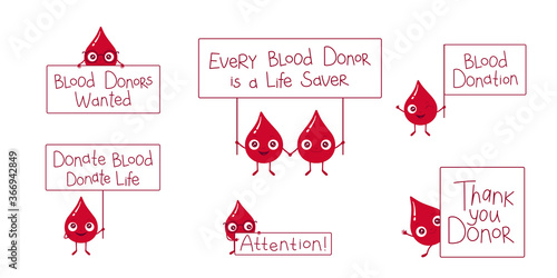 Vector illustration set of blood drop character. Blood donation lettering slogans. Cute and kind little red droplets. Good for logo, stickers, poster, paper cards for world blood donor day 14th june.