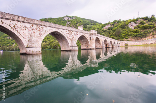 Historic bridge over the Drina River, Famous Tourist Attraction, The Mehmed Pasa Sokolovic Bridge in Visegrad, Bosnia and Herzegovina
